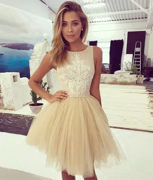 Champagne lace tulle short prom dress, champagne homecoming dress