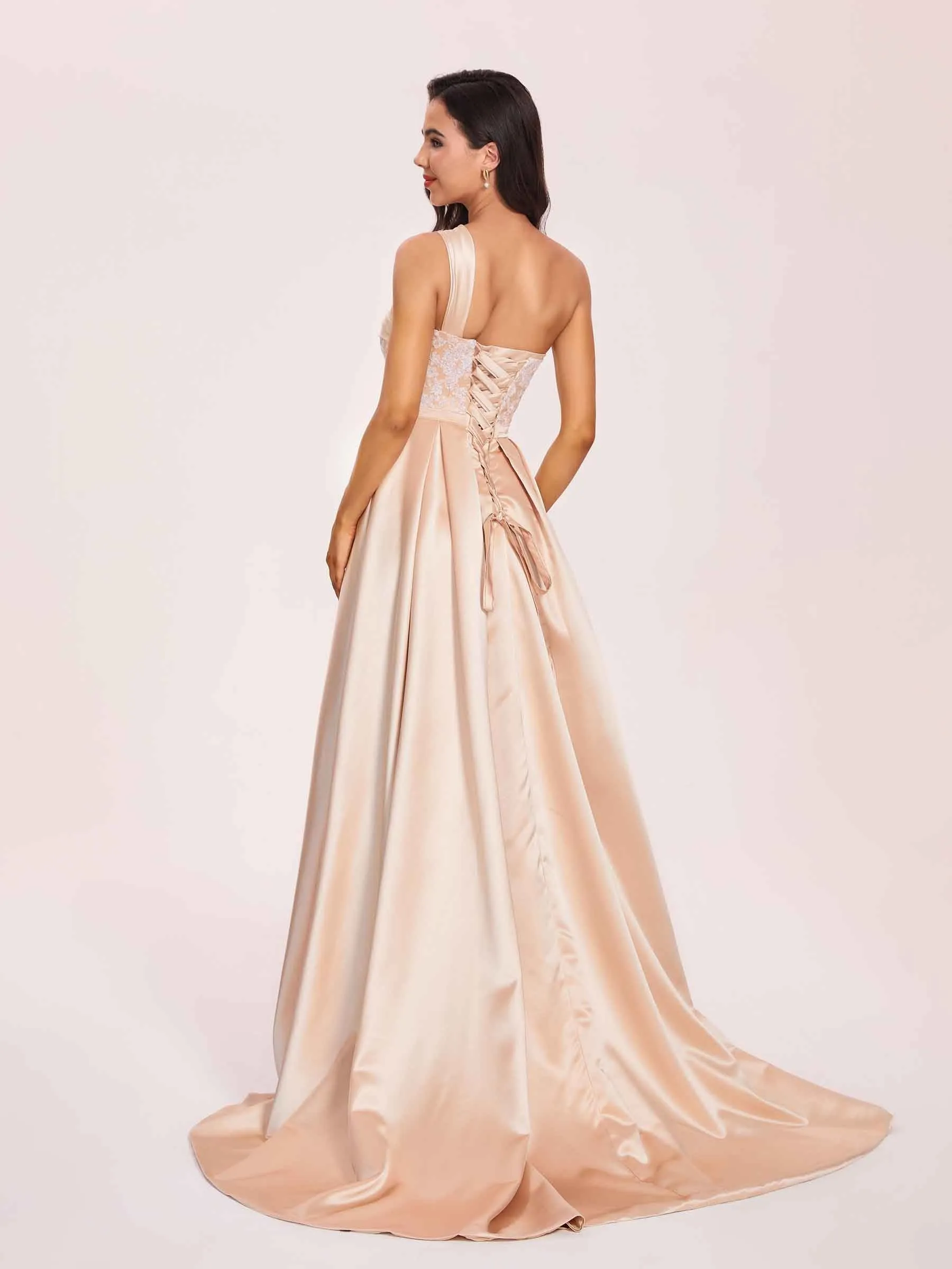 Champagne Satin Applique A-line Prom Dress One-Shoulder Side-Slit Evening Dress