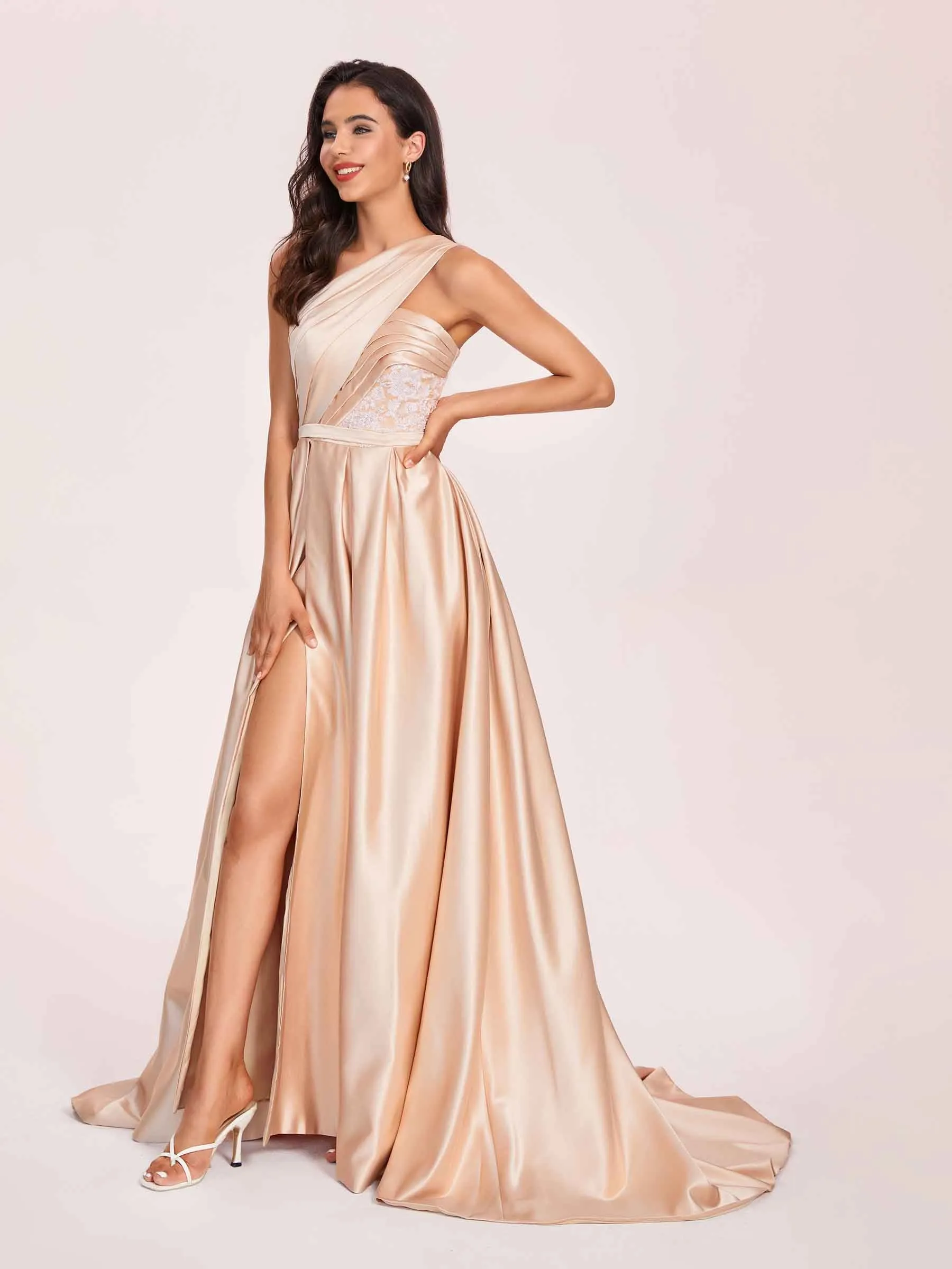 Champagne Satin Applique A-line Prom Dress One-Shoulder Side-Slit Evening Dress