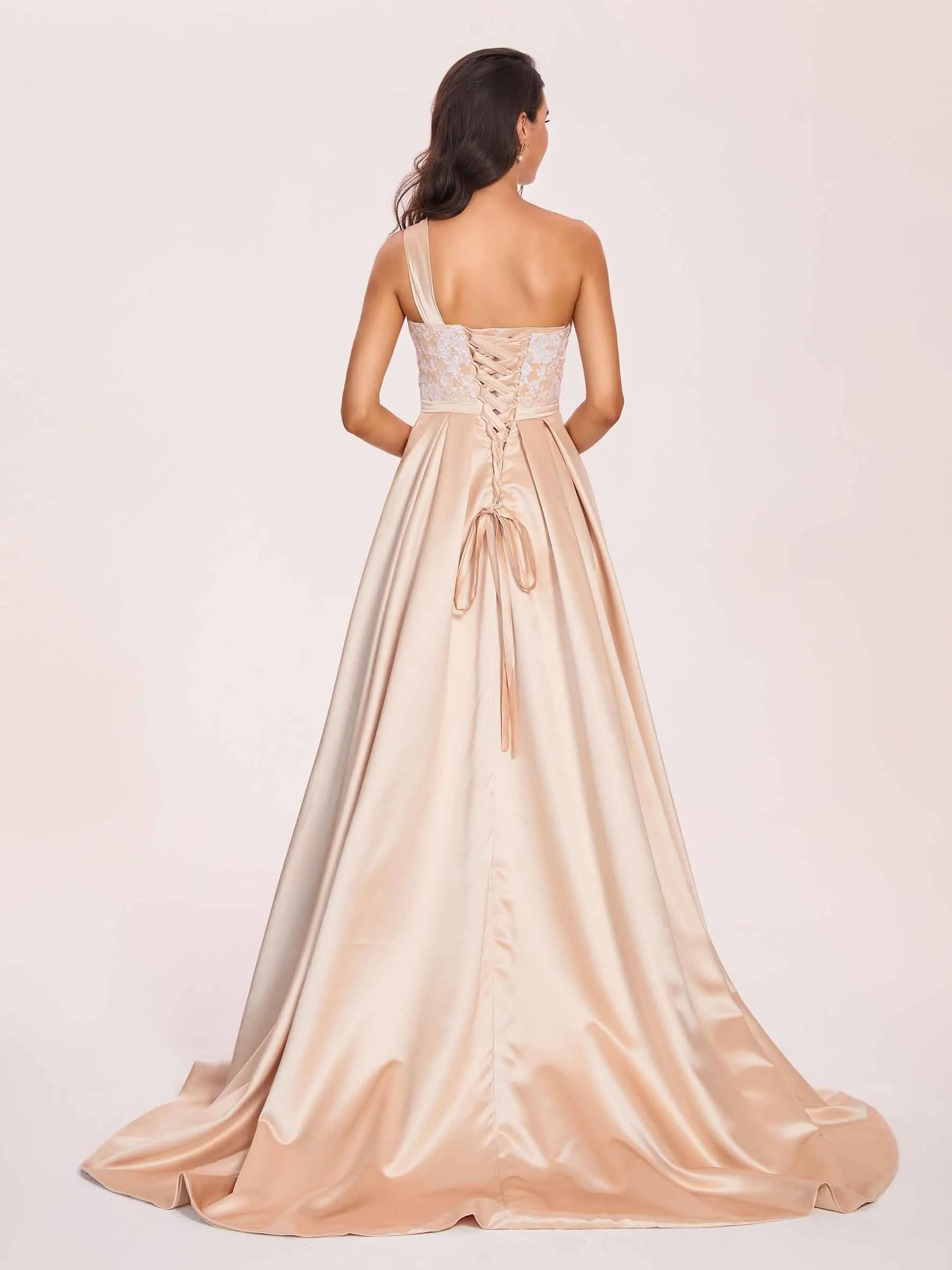 Champagne Satin Applique A-line Prom Dress One-Shoulder Side-Slit Evening Dress