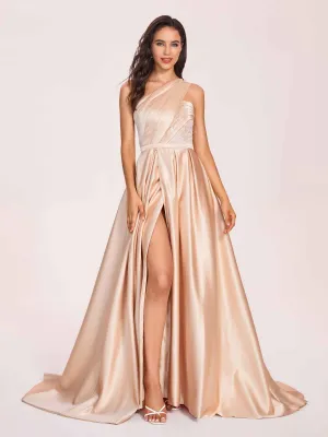 Champagne Satin Applique A-line Prom Dress One-Shoulder Side-Slit Evening Dress