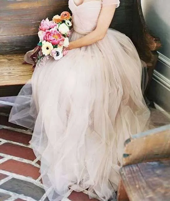 Champagne tulle long prom dress, tulle wedding dress