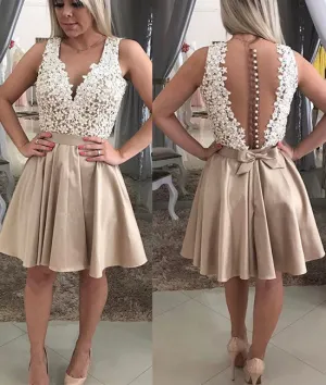 Champagne v neck lace short prom dress, homecoming dress