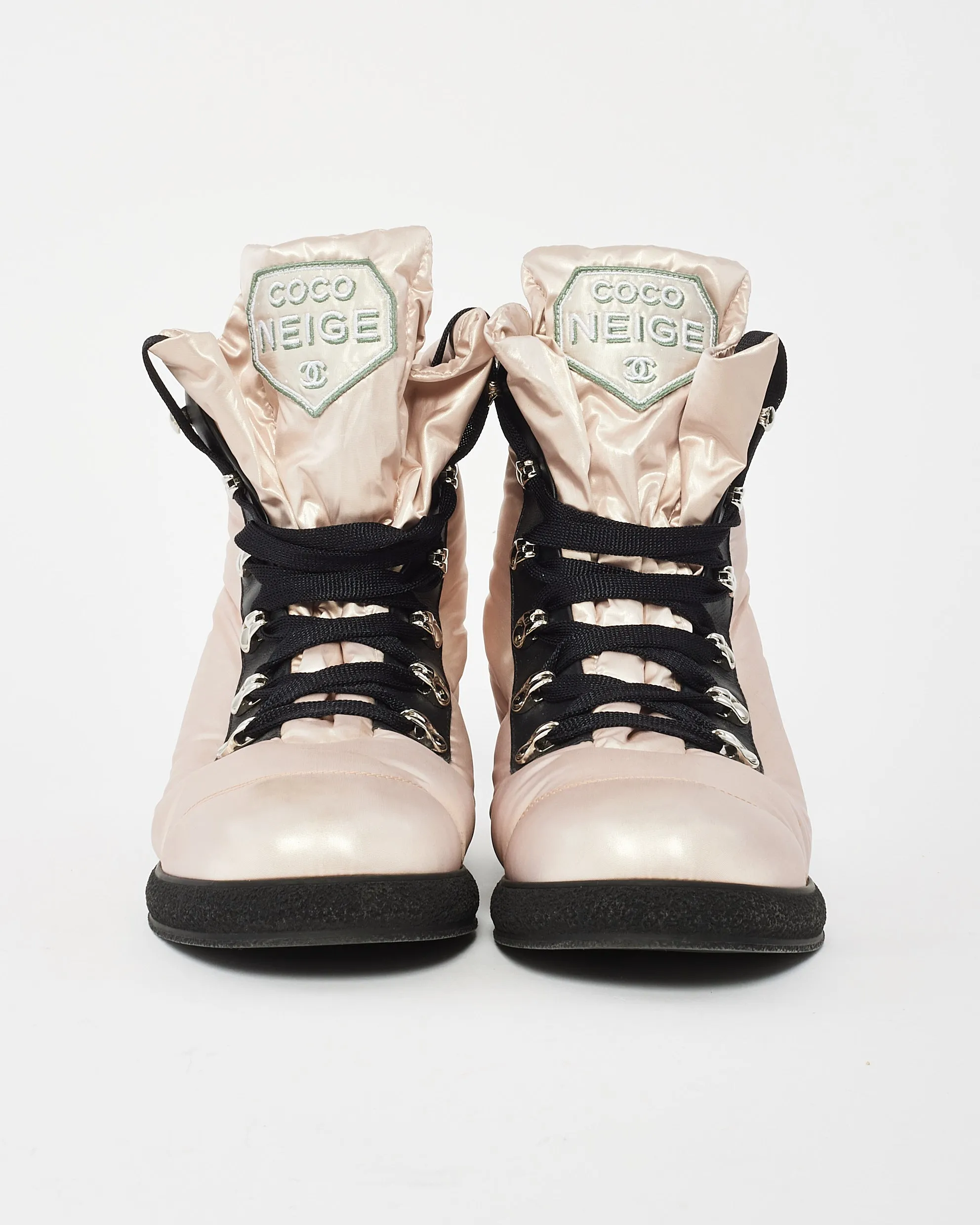 Chanel Iridescent Pink Nylon Lace Up Coco Neige Combat Boots - 38.5
