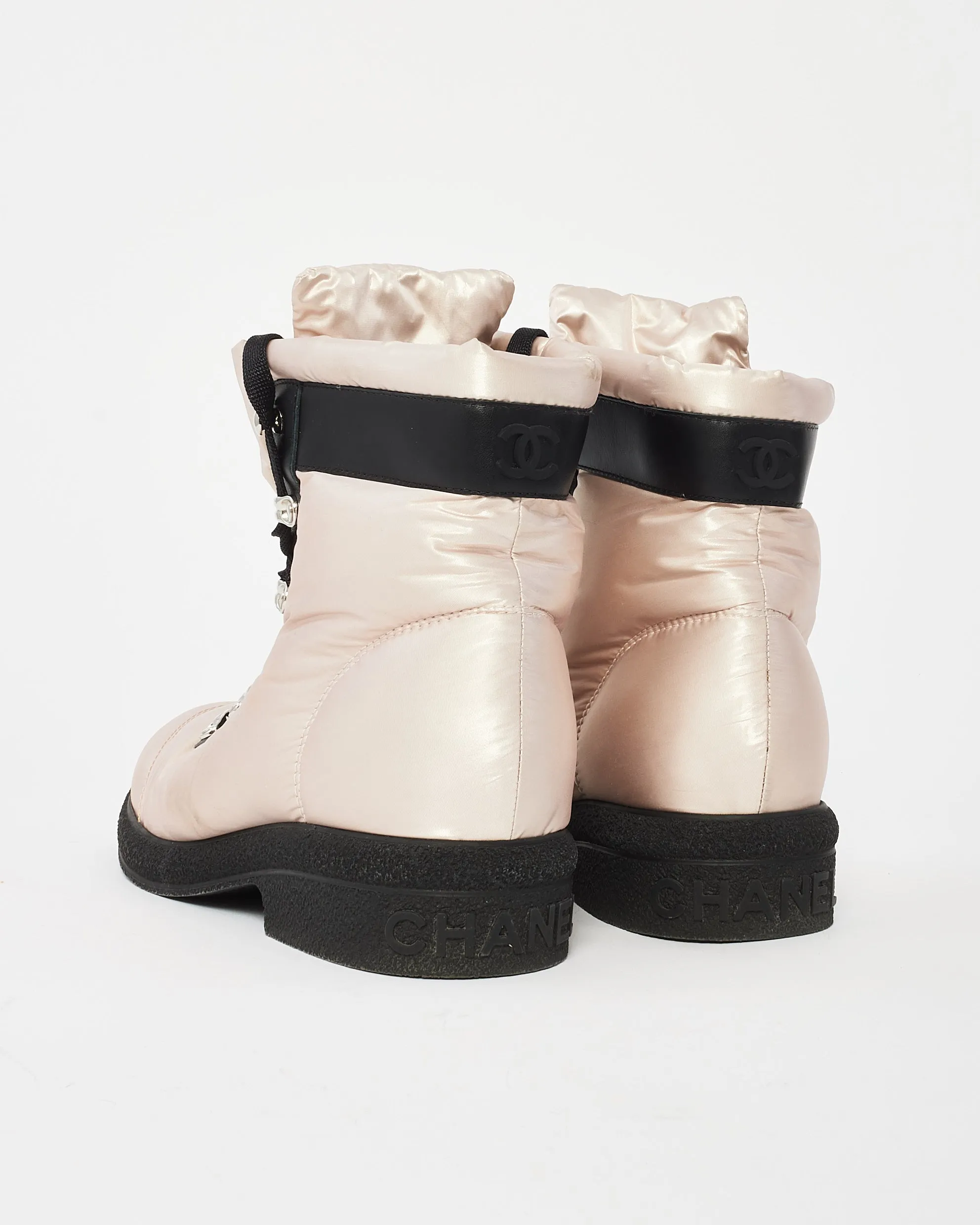 Chanel Iridescent Pink Nylon Lace Up Coco Neige Combat Boots - 38.5