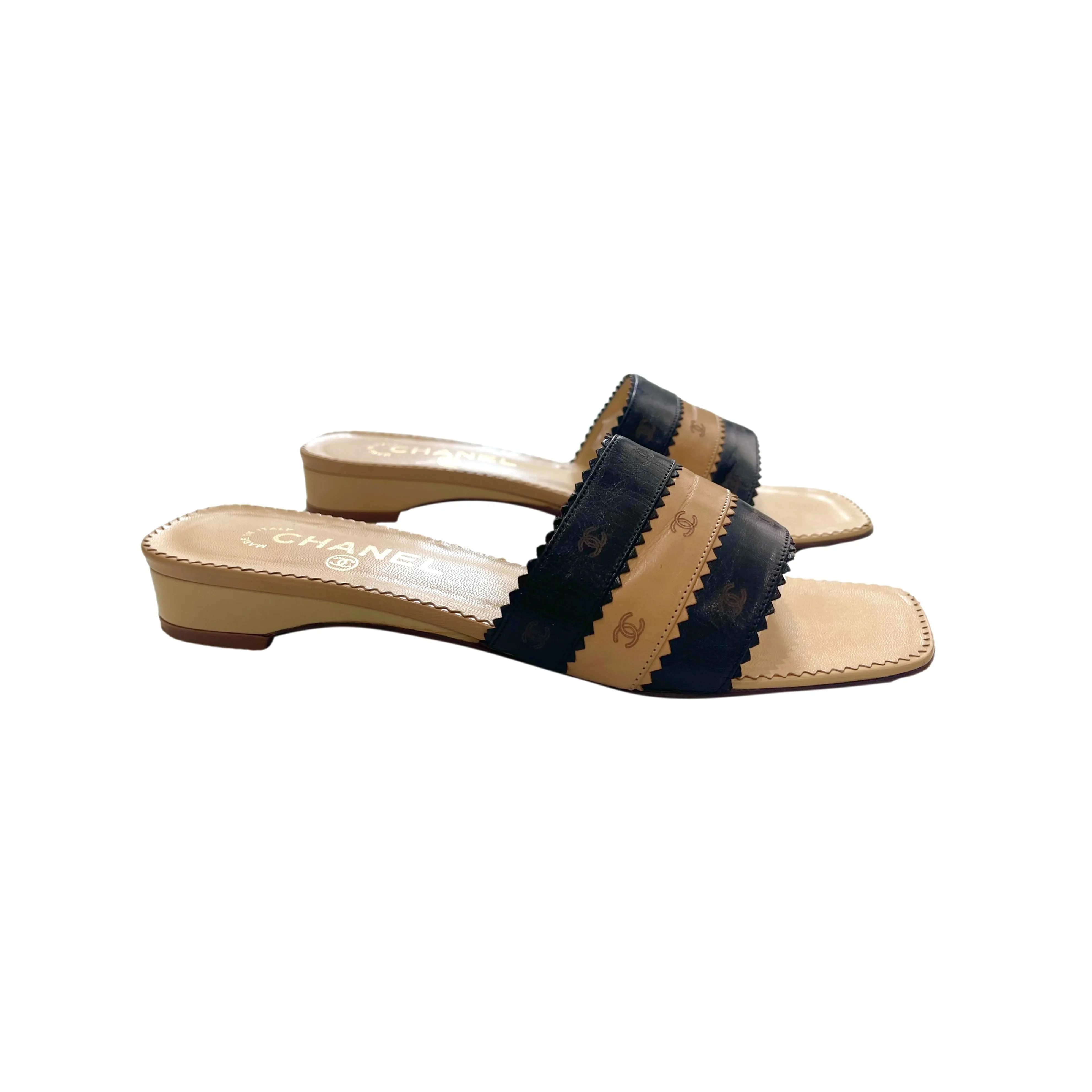 Chanel Two Tone Logo Sandals