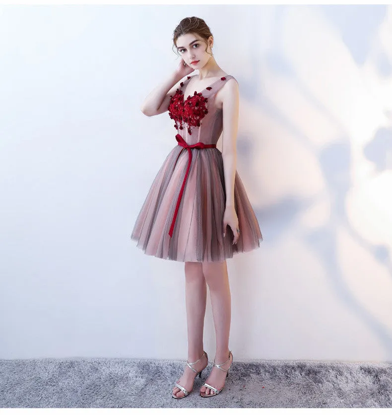 Charming A-Line V Neck Red Flowers Short Tulle Homecoming Dresses OKC65