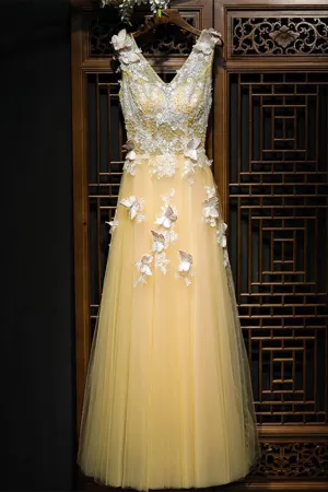 Charming Flowy Long Tulle V Neck Prom Dresses With Lace Butterflies OK989