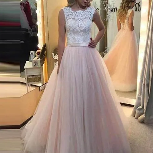 Cheap Pink Tulle A Line White Lace Lace Back Up Long Prom Dresses online, MP412