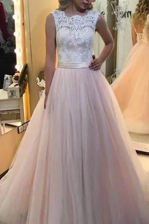Cheap Pink Tulle A Line White Lace Lace Back Up Long Prom Dresses online, MP412