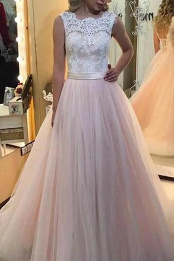 Cheap Pink Tulle A Line White Lace Lace Back Up Long Prom Dresses online, MP412