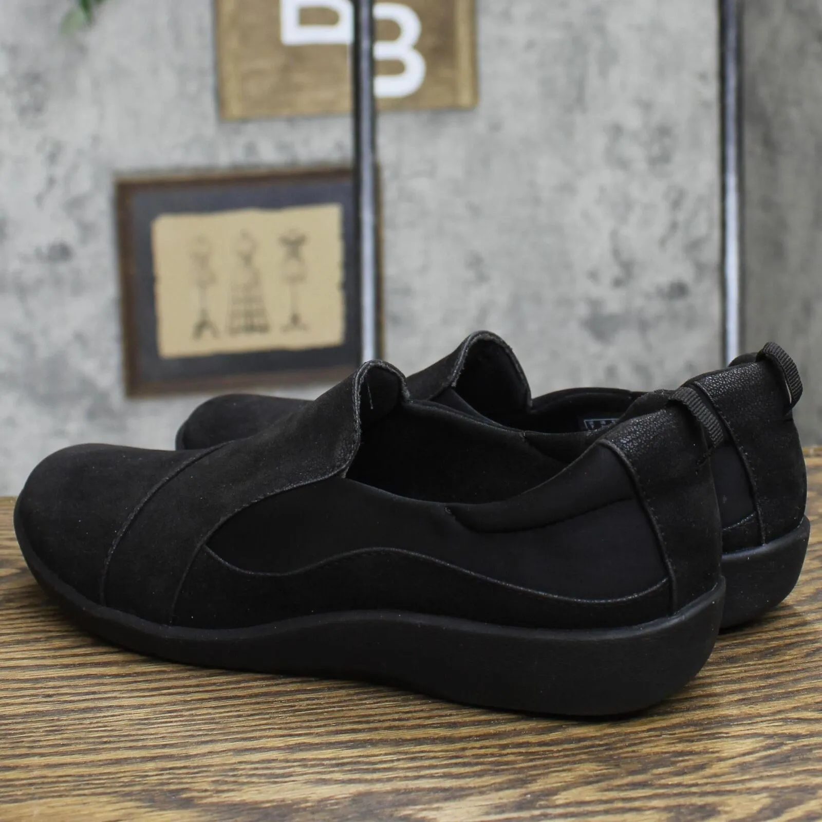 Clarks Womens Sillian Paz Slip On Loafer Shoes Black Synthetic Nubuck 9.5M
