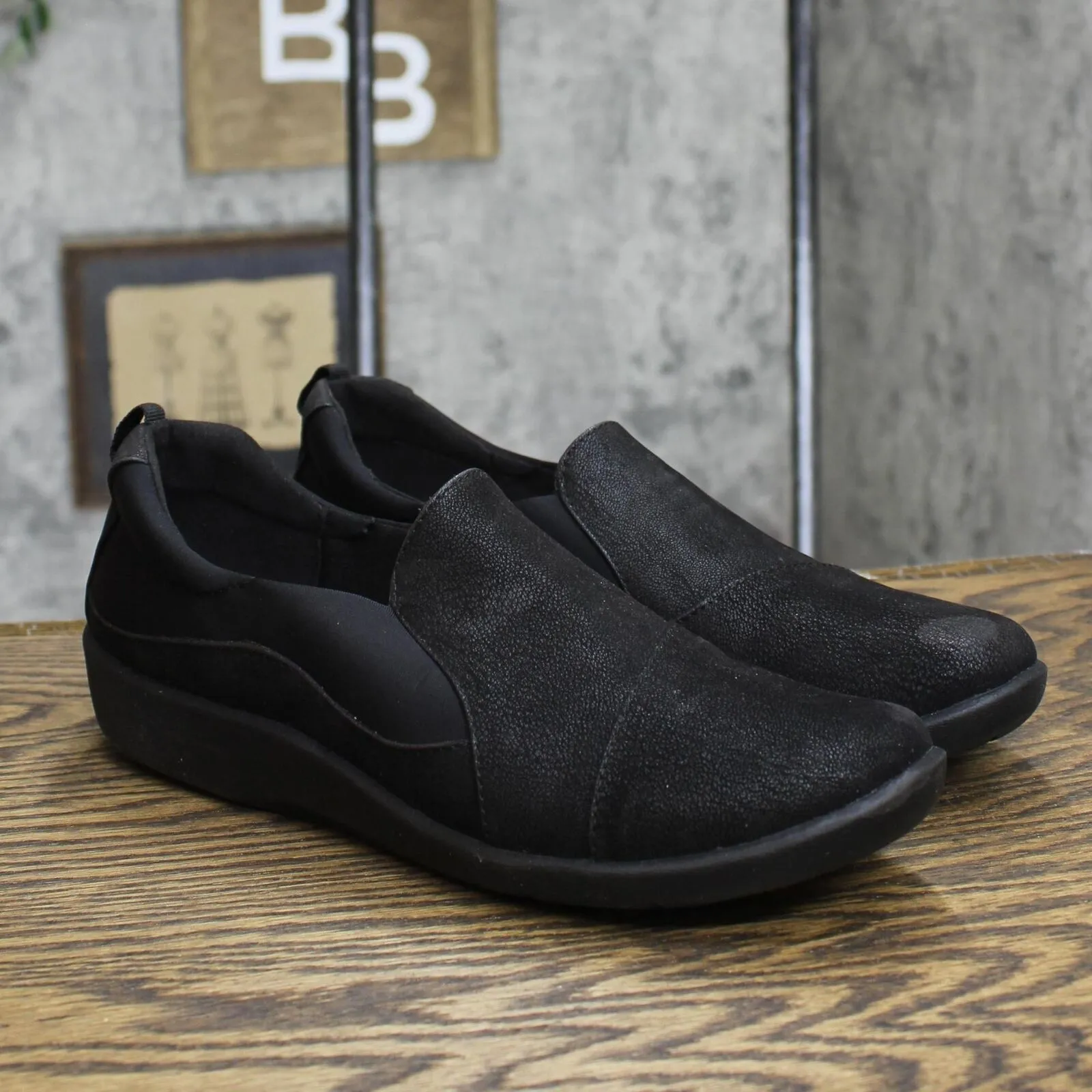 Clarks Womens Sillian Paz Slip On Loafer Shoes Black Synthetic Nubuck 9.5M