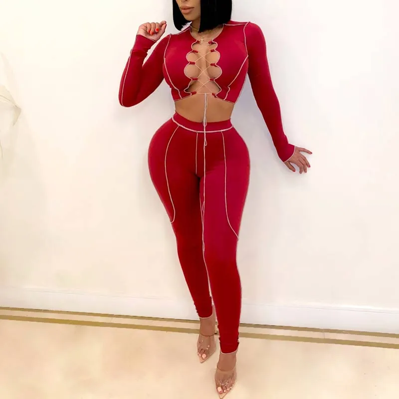 Colorblock Long Sleeve Lace Up Two Piece Set
