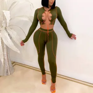 Colorblock Long Sleeve Lace Up Two Piece Set