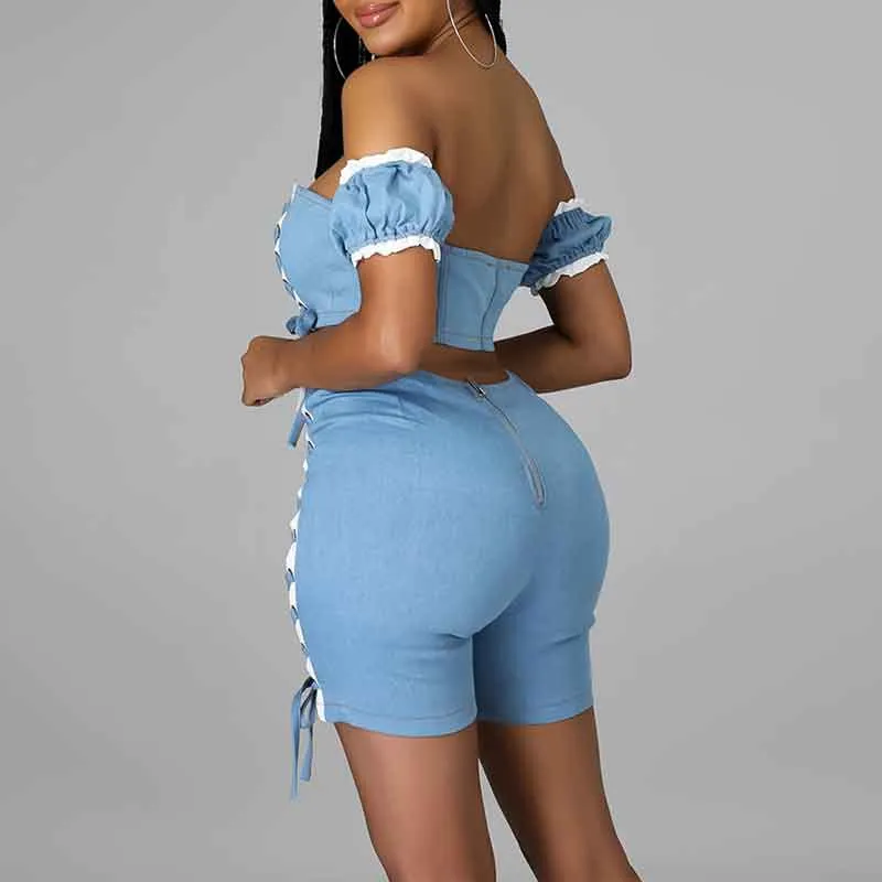 Colorblock Off Shoulder Lace Up Tube Top & Shorts Set