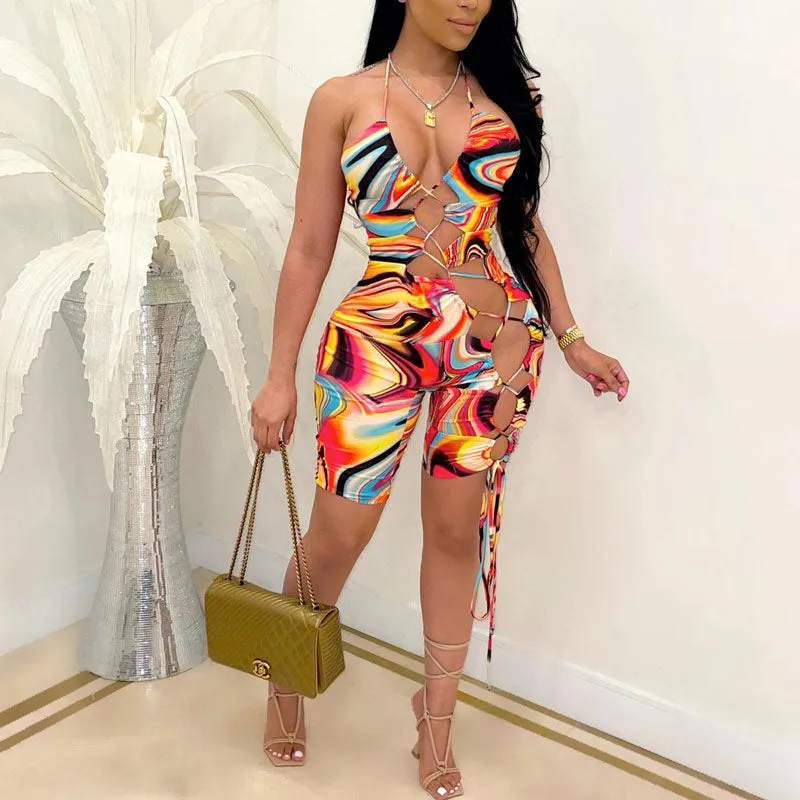 Colorblock Sleeveless Halter Lace Up Romper