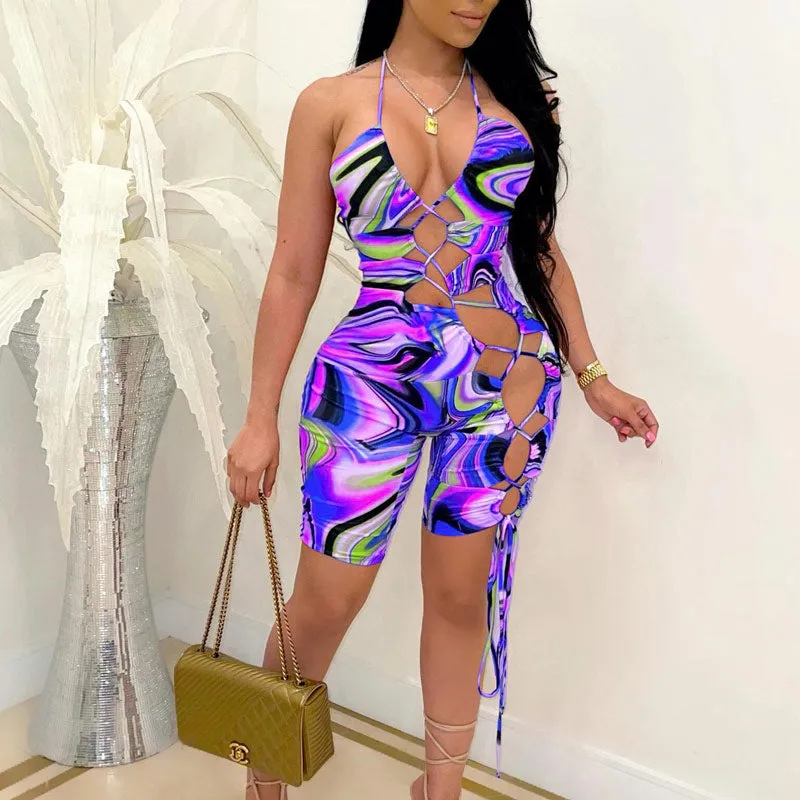 Colorblock Sleeveless Halter Lace Up Romper