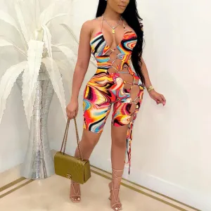 Colorblock Sleeveless Halter Lace Up Romper