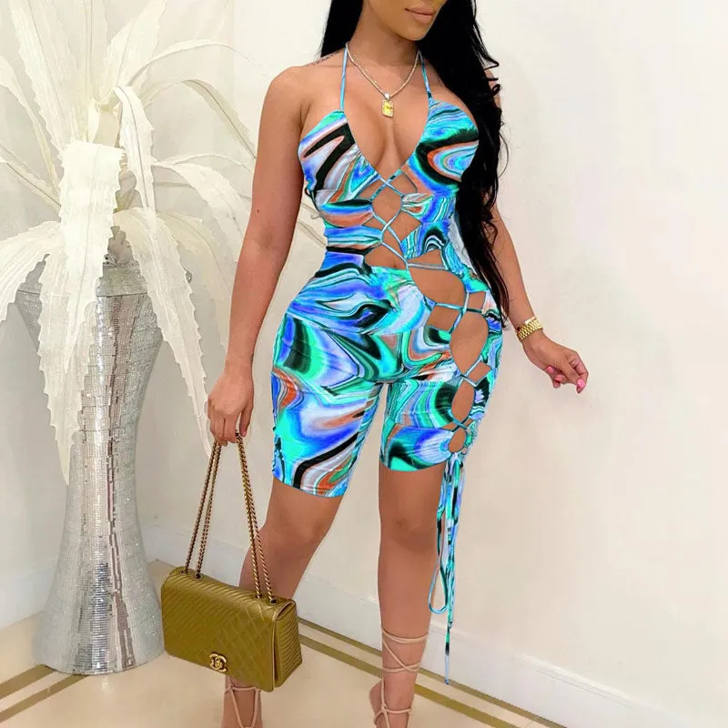 Colorblock Sleeveless Halter Lace Up Romper