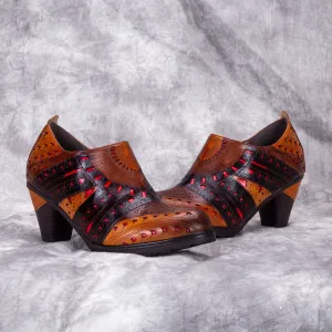 CrazycatZ Leather Pumps,Womens Colorful Vintage Block Heel Oxford Vintage Shoes Brown