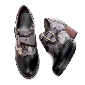 CrazycatZ Leather Pumps,Womens Colorful Vintage Block Heel Oxford Vintage Shoes Pumps Black