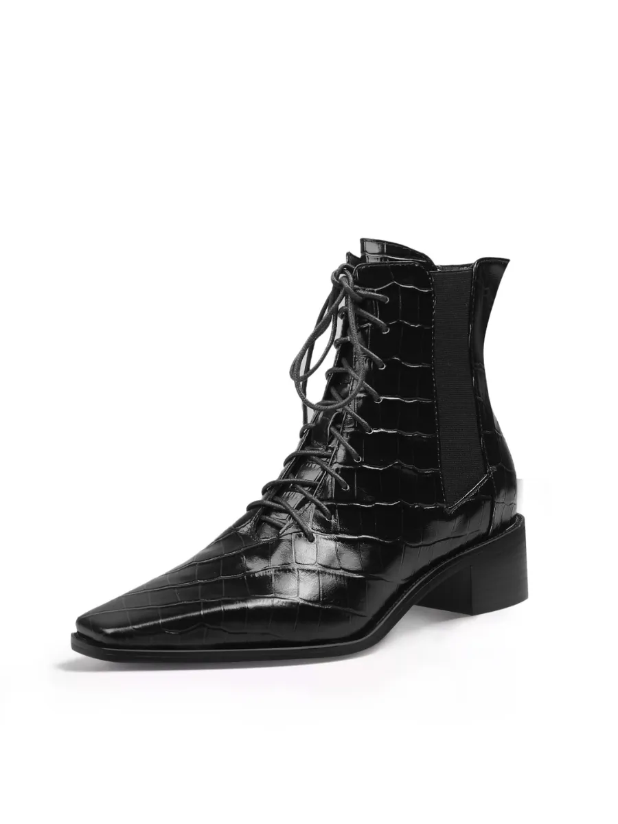Croc-Embossed Leather Boot - Black