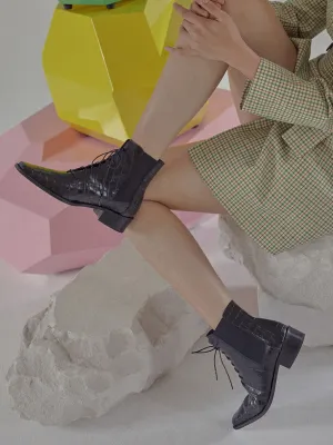 Croc-Embossed Leather Boot - Black