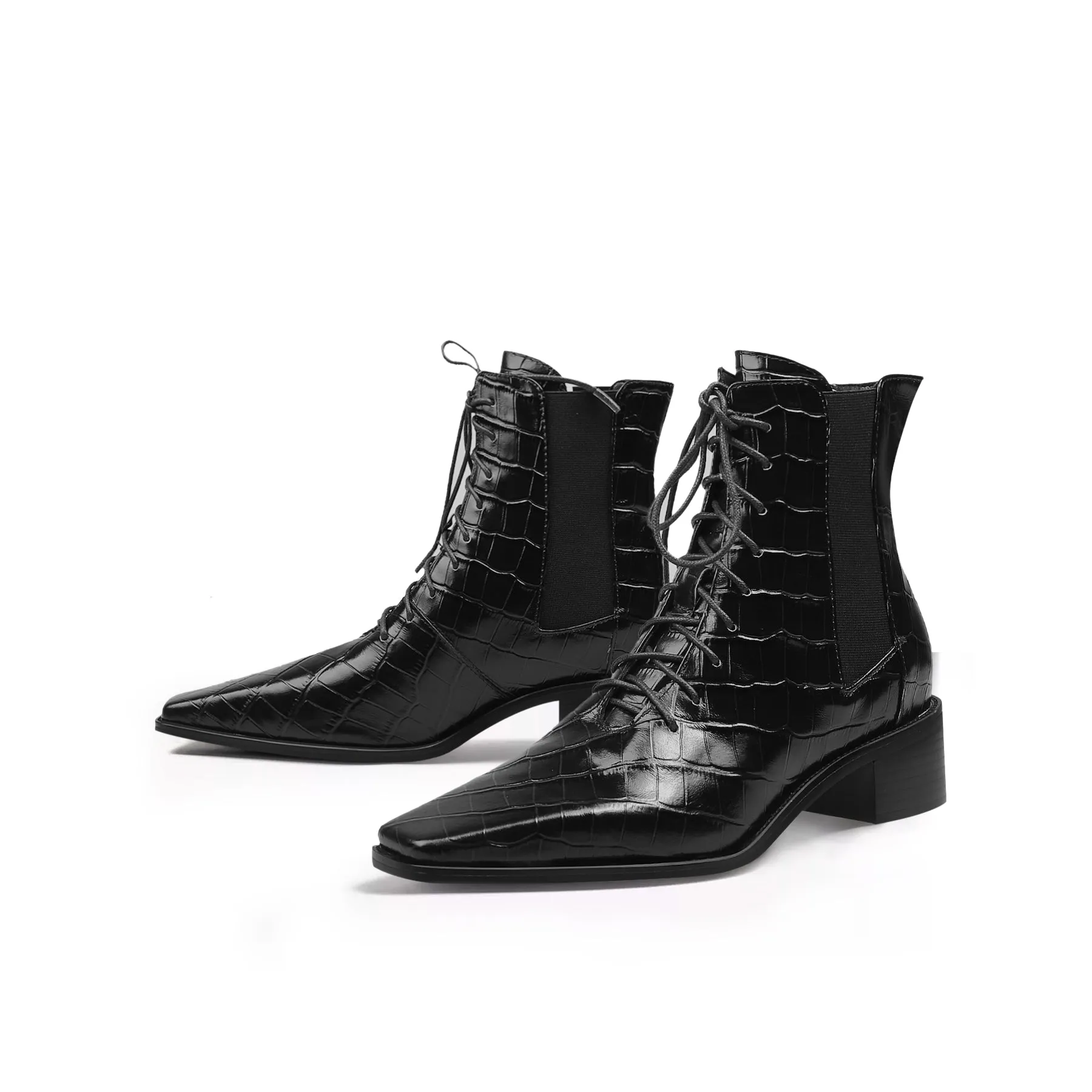 Croc-Embossed Leather Boot - Black