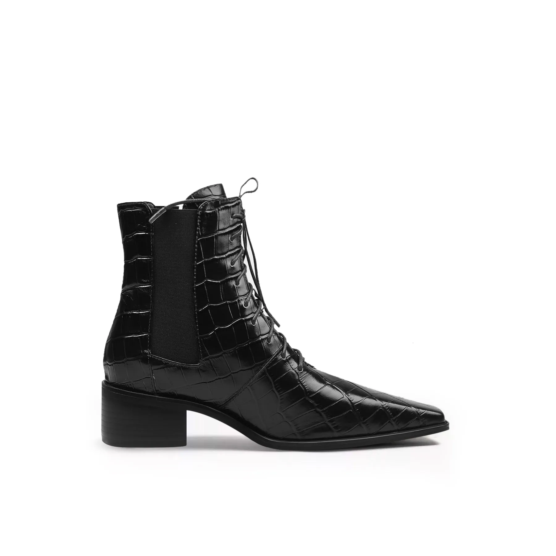 Croc-Embossed Leather Boot - Black
