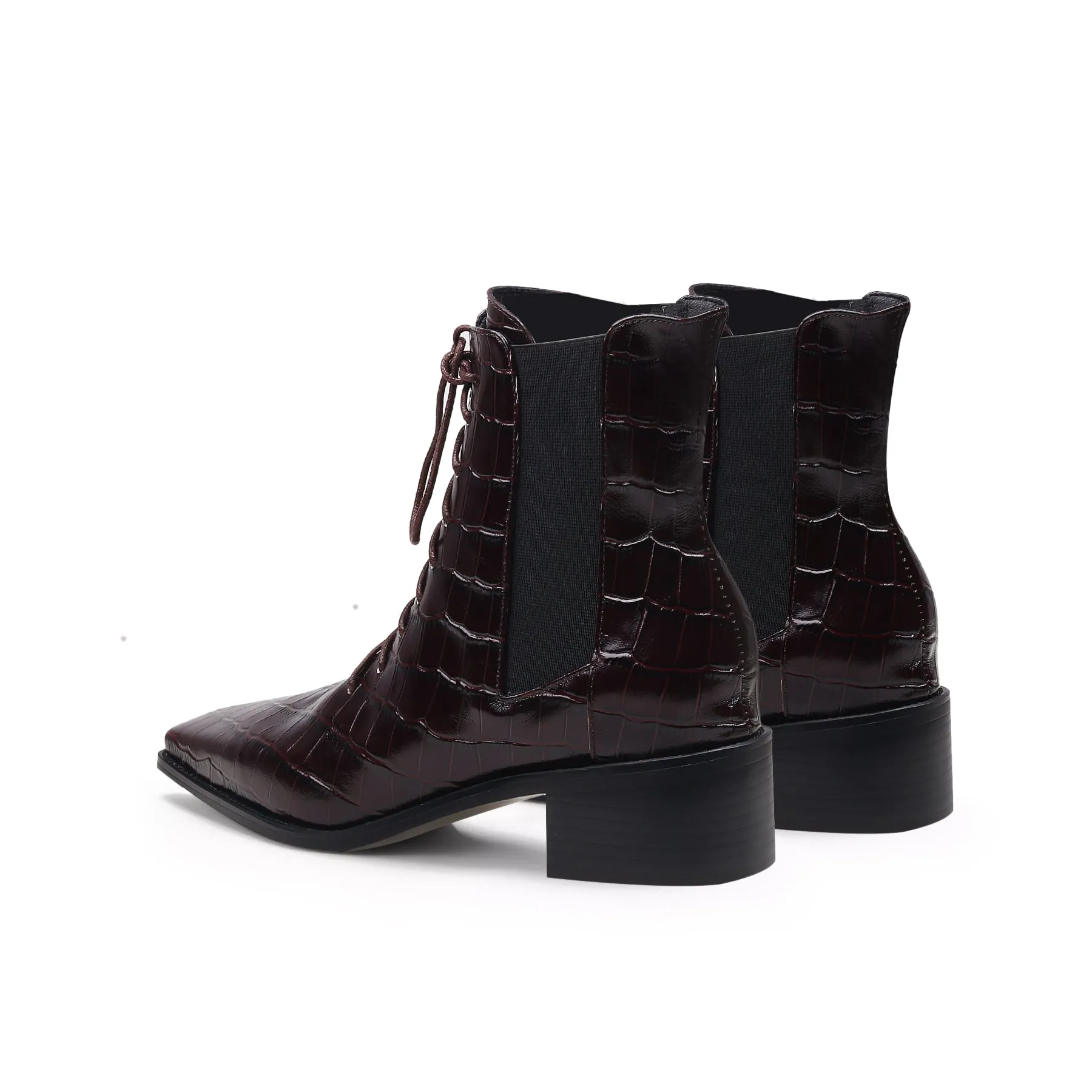 Croc-Embossed Leather Boot - Brown