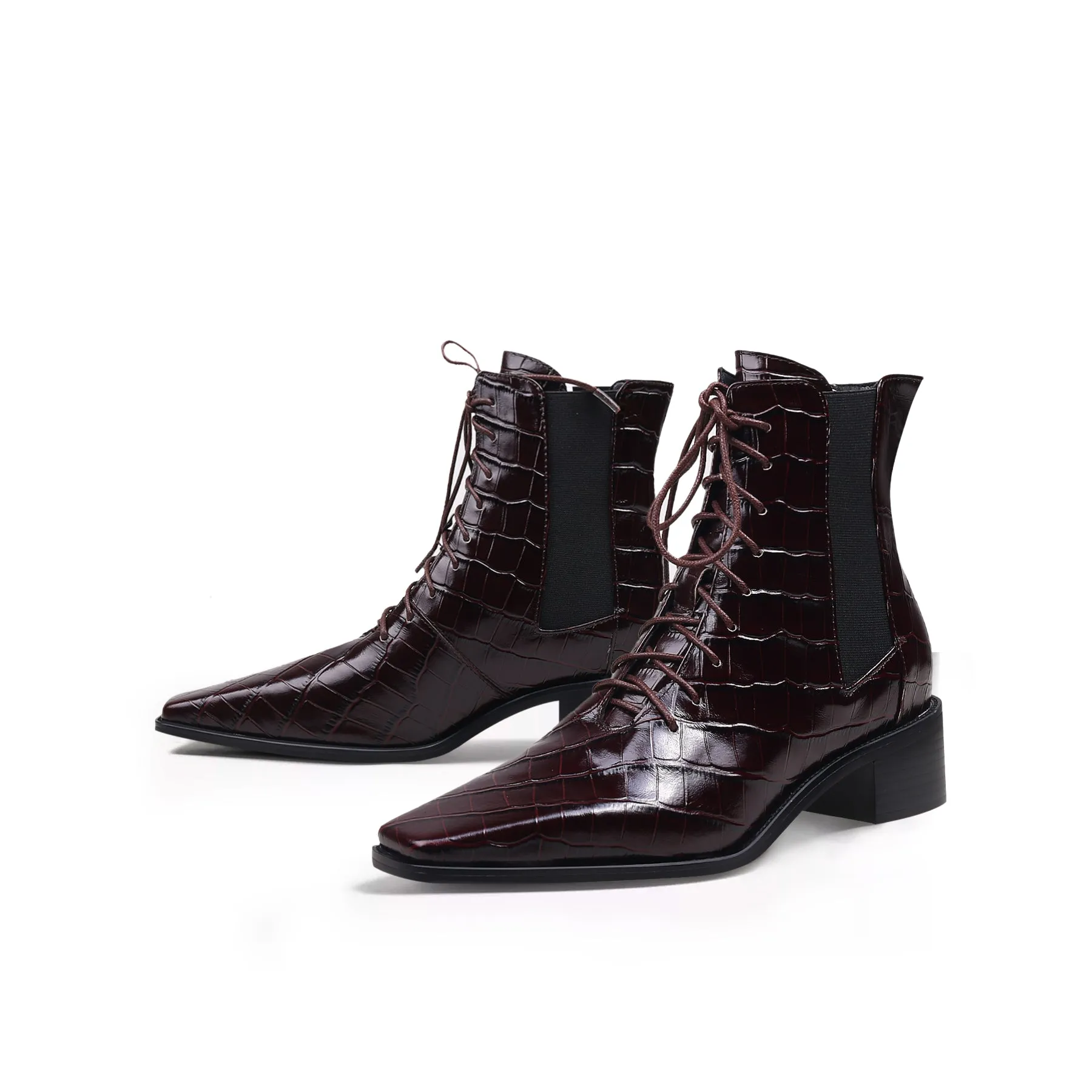 Croc-Embossed Leather Boot - Brown