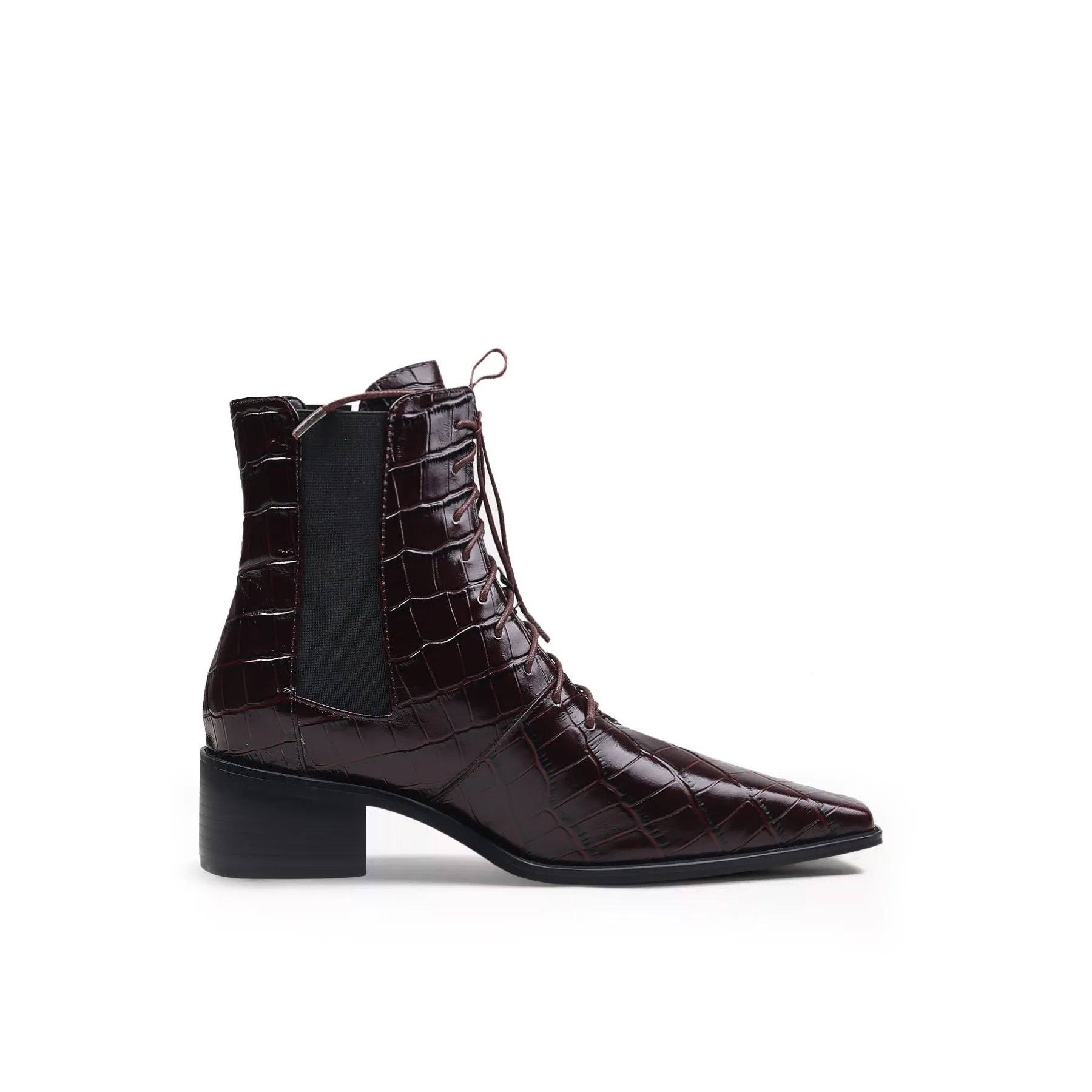 Croc-Embossed Leather Boot - Brown