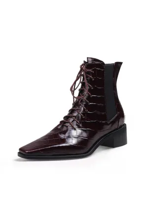Croc-Embossed Leather Boot - Brown