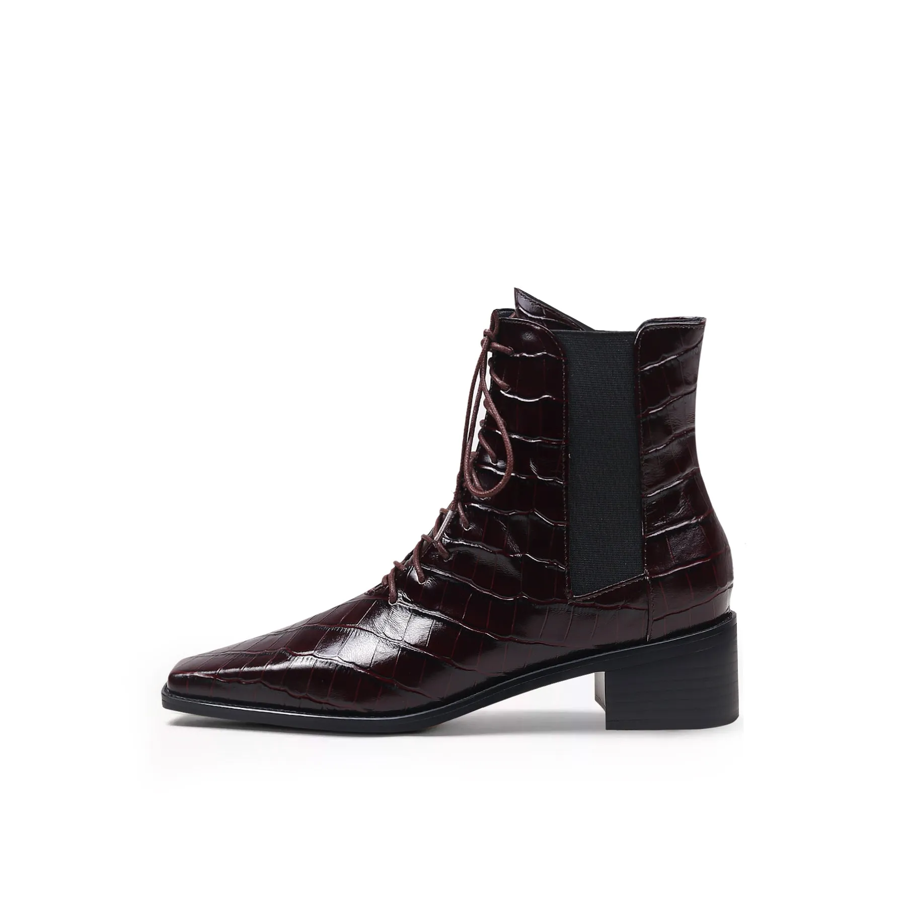 Croc-Embossed Leather Boot - Brown