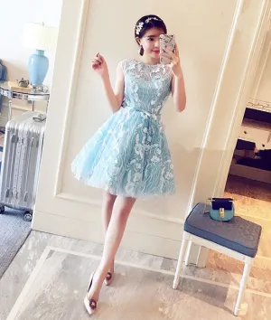 Cute blue round lace short prom dress, blue homecoming dress
