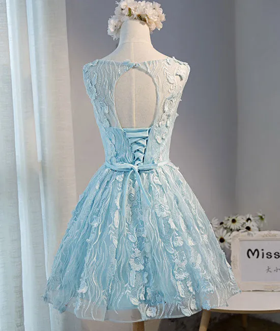 Cute blue round lace short prom dress, blue homecoming dress