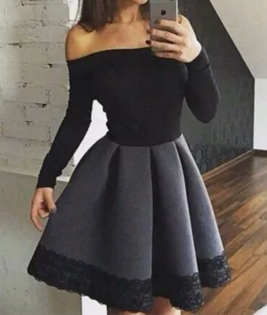 Cute gray short lace prom dress, cute women fashion dress