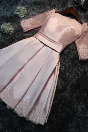 Cute Lace up Back A-Line Half-sleeves Short Bridesmaid Dress with Appliques, MB129