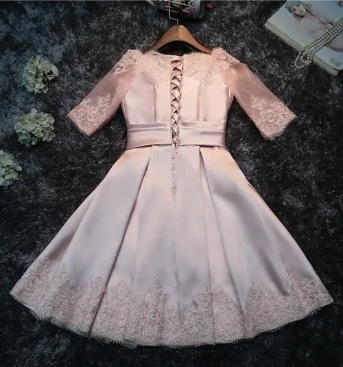 Cute Lace up Back A-Line Half-sleeves Short Bridesmaid Dress with Appliques, MB129
