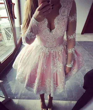 cute pink lace short prom dress, pink lace homecoming dress