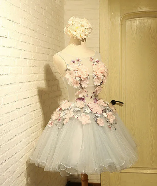 Cute round neck gray tulle lace applique short prom dresses
