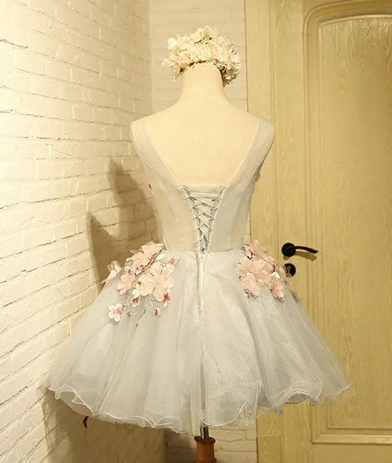 Cute round neck gray tulle lace applique short prom dresses