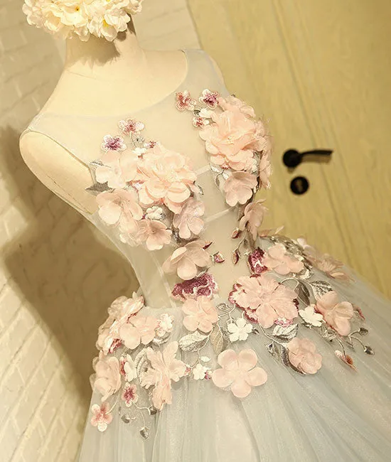 Cute round neck gray tulle lace applique short prom dresses
