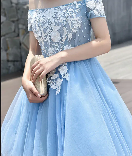Cute tulle blue lace applique short prom dress, cute homecoming dress