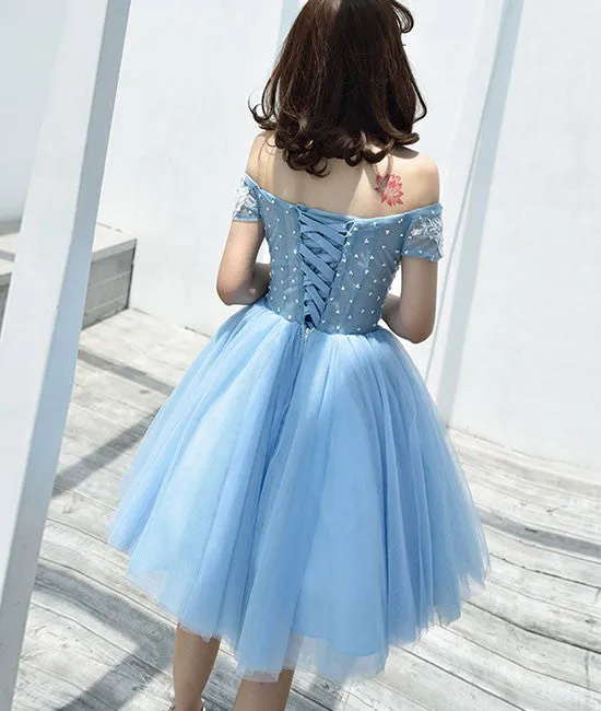 Cute tulle blue lace applique short prom dress, cute homecoming dress
