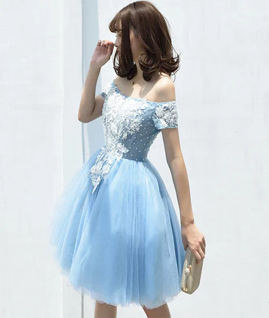 Cute tulle blue lace applique short prom dress, cute homecoming dress