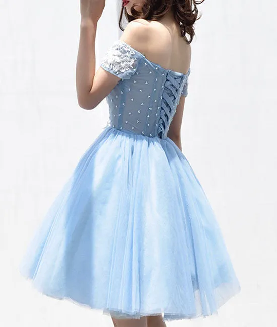 Cute tulle blue lace applique short prom dress, cute homecoming dress