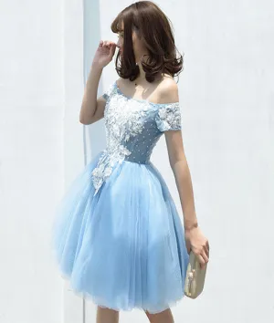 Cute tulle blue lace applique short prom dress, cute homecoming dress