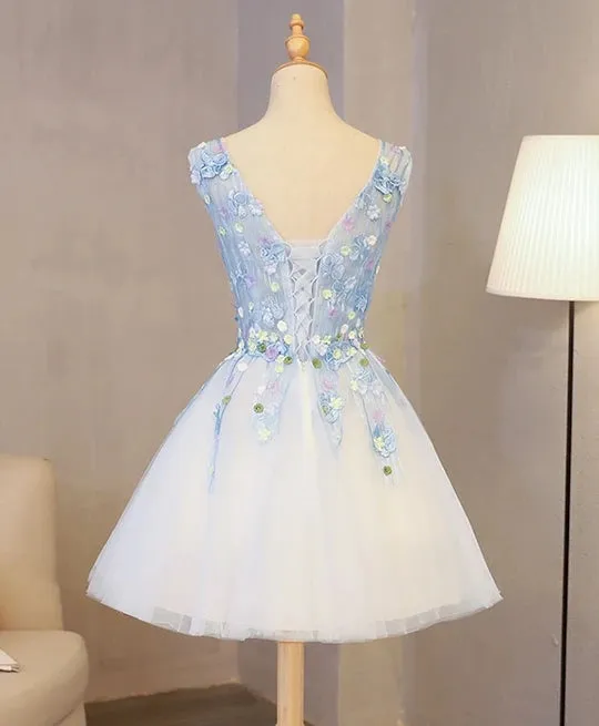 Cute V Neck Lace Applique Short Prom Dress A-line Tulle Homecoming Dress OKY21